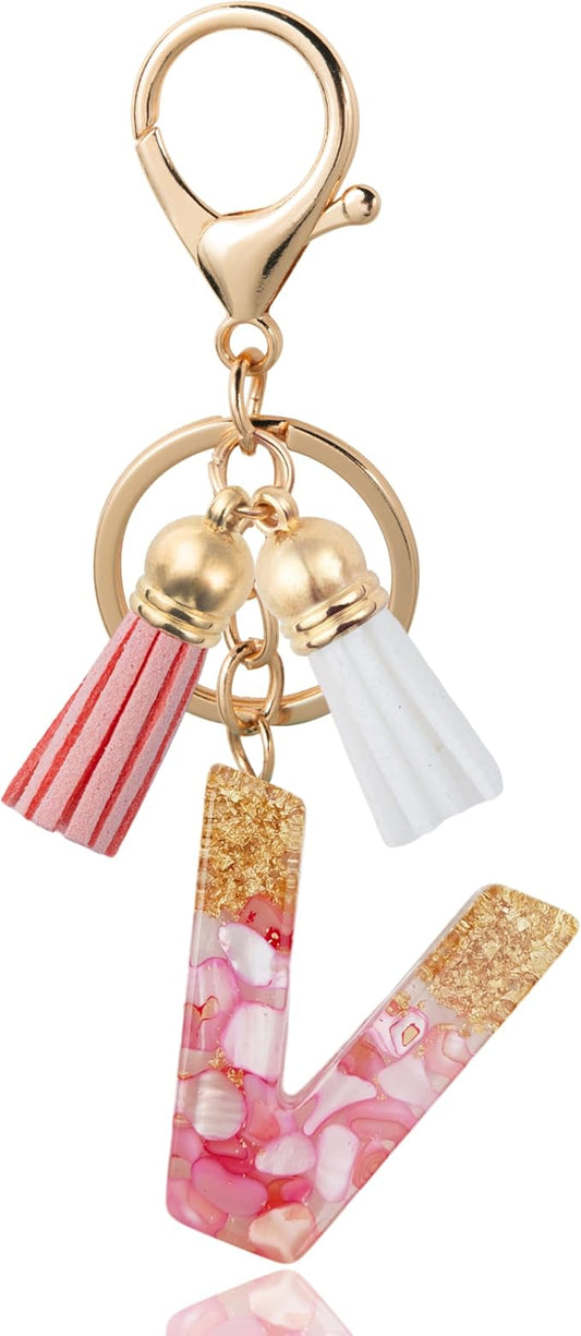 Initial Letter Keychain Cute Resin with 2 PU Tassel, Letter Keychain for Backpack Charms, Initial Keychains for Women