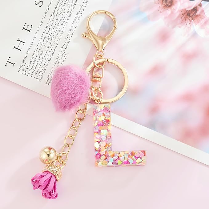 Resin Alphabet Initial Letter Keychain Keyring for Women Purse Handbags With Fur Ball Pom
