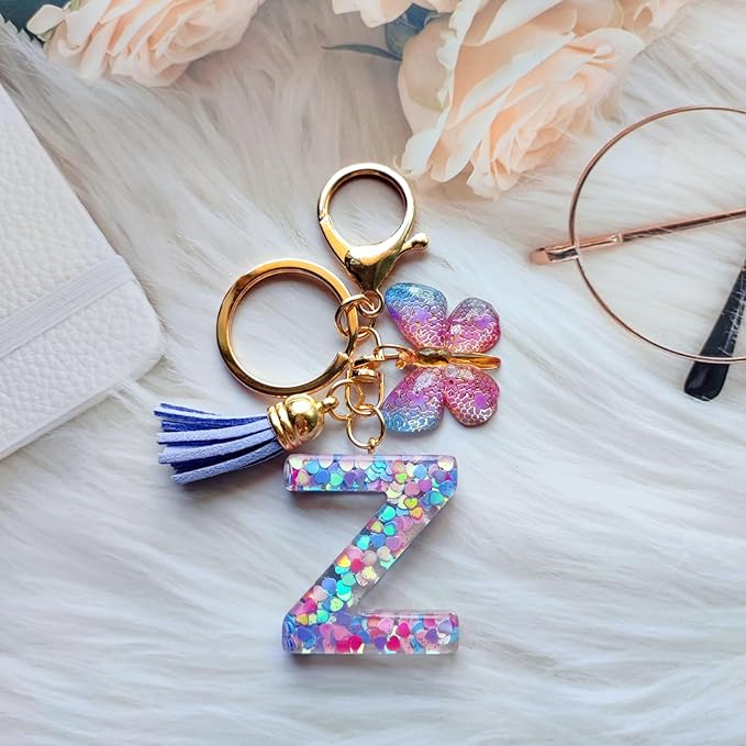 Cute Initial Letter Keychains for Women Girls Tassel Butterfly Pink Purple Green Keychain for Backpack School Bag