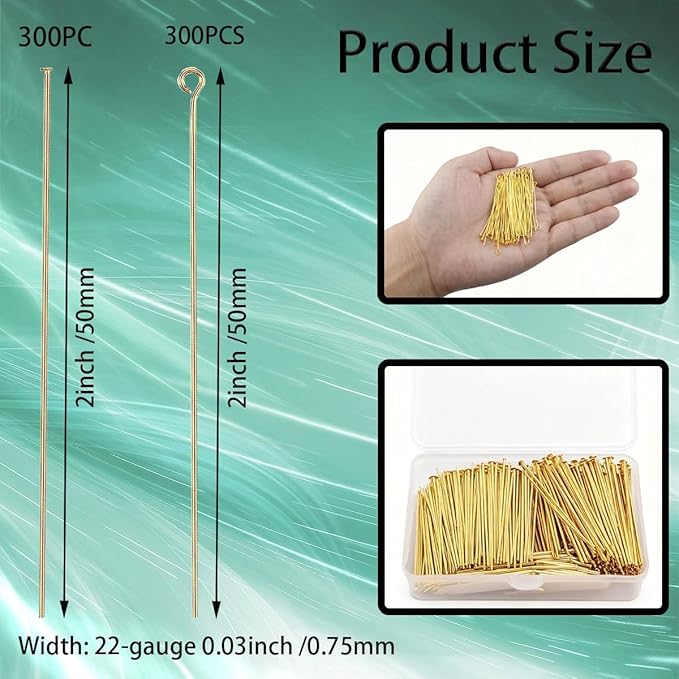 600Pcs 2 Inch Flat Head Pins Eye Pins Jewelry Pins Metal End Headpins for Craft Earring Bracelet Necklace Pendant Supplies(Gold)