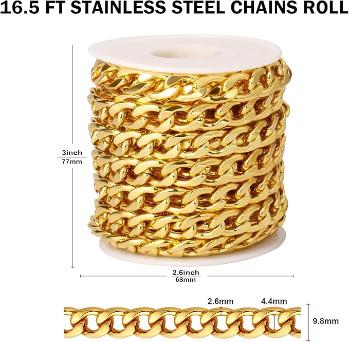 [16.5 FT] 18K Gold Plated Curb Chain for Jewelry Making, 9.8mm Wide 304 Stainless Steel Cuban Link Chain Roll Bulk for DIY Jewelry Making Craft