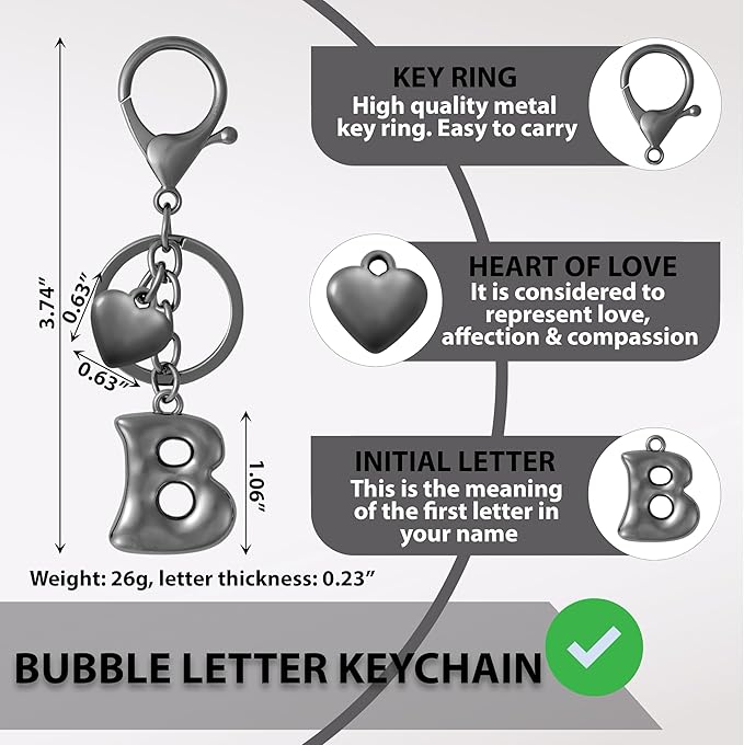 Heart Bubble Letter Keychain for Women, Girls - Cute Keychain with Initial - Alphabet Keychain for Bag Charm, Handbag