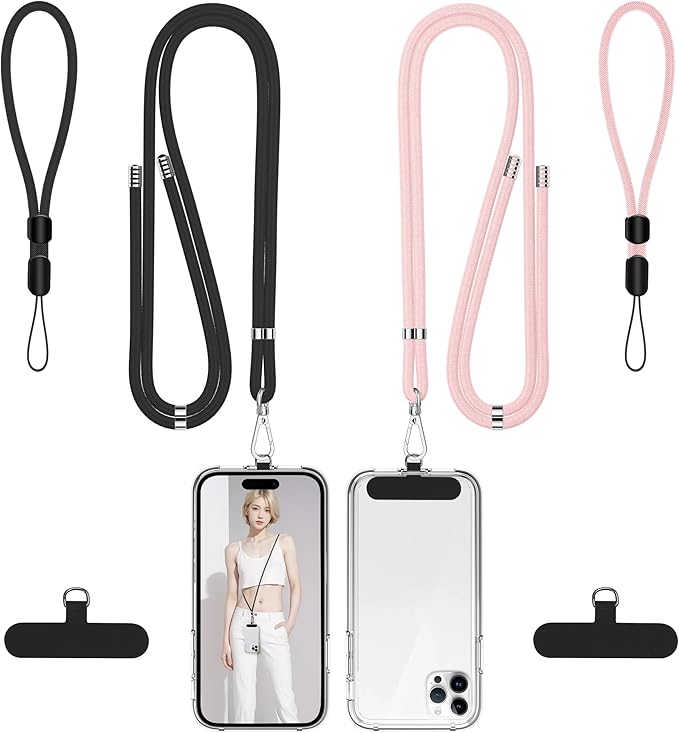 takyu Phone Lanyard, 2 Pack Adjustable Cell Phone Lanyard Crossbody Neck Strap & 2 Pack Phone Wrist Strap with Tether Tabs Compatible for iPhone Android Smartphones-Black LPink