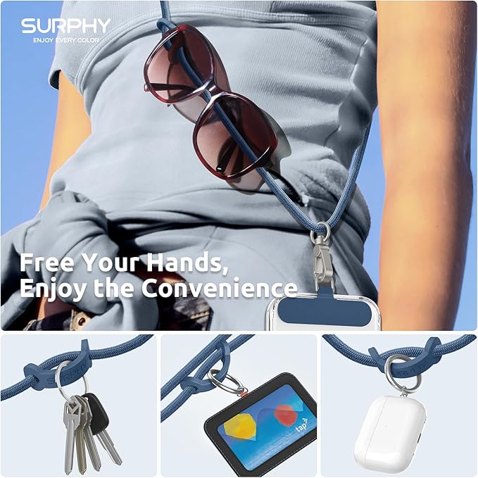 SURPHY Phone Lanyard, Adjustable Phone Strap Crossbody with 2 Pack Cell Phone Tether Tab, Premium Metal Buckles, Skin-Friendly, Universal Cell Phone Lanyard Crossbody for Women and Men, Denim Blue