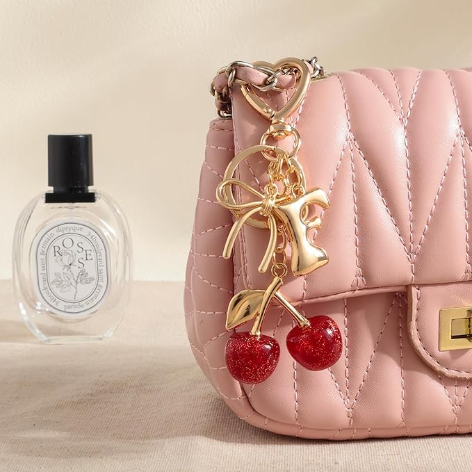 Snycler Bubble Initial Keychain with Cherry & Bow - Gold Letter Bag Charms for Women, Cute Purse Handbag Accessories