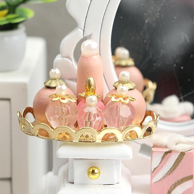 Dollhouse Makeup Vanity with Mirror & Perfume Tray 1/12 Miniature Dressing Table for Dollhouse Bedroom Furniture Decoration