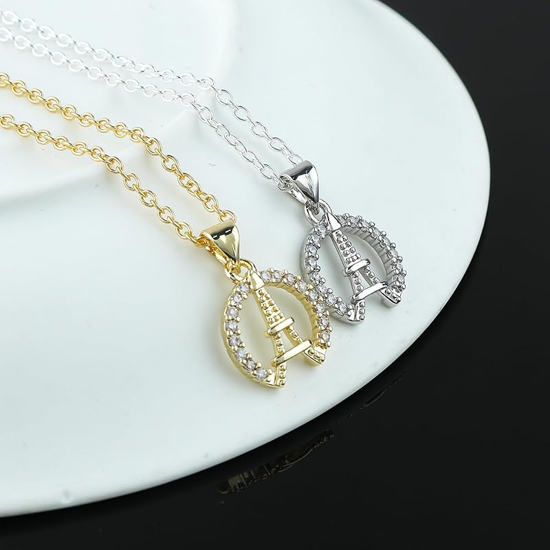 JOR Eiffel Tower Charm Pendant Necklace, Relationship Goal, CZ, Women Jewelry, Dainty Gold & Silver Plated Combo Chain 18 inch (Pack of 2)