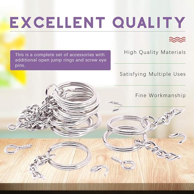 Swpeet 450Pcs 4/5 Inch 20mm Sliver Flat Key Chain Rings Kit, Including 150Pcs Split Keychain Rings with Chain and 150Pcs Jump Ring with 150Pcs Screw Eye Pins Bulk for Jewelry Findings Making