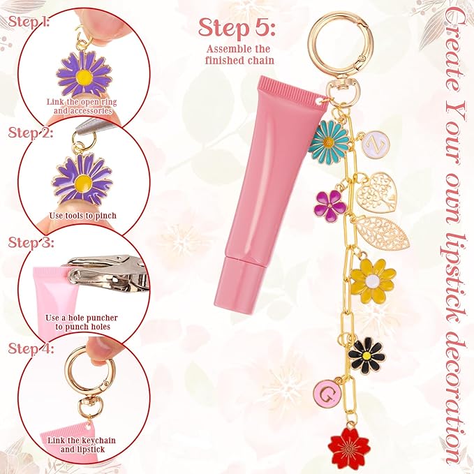 VioraWhite Lip Gloss Charm Kit Lip Gloss Keychain Making Kit Including Assorted Charms Keychain Clips Extender Chain(794 Pcs,Flower Style)