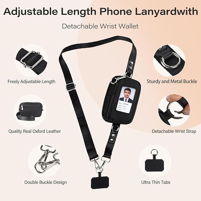Phone Lanyard Crossbody with Wallet，Detachable Phone Strap Wristlet with ID Window and Zipper，Adjustable Strap for All Phone