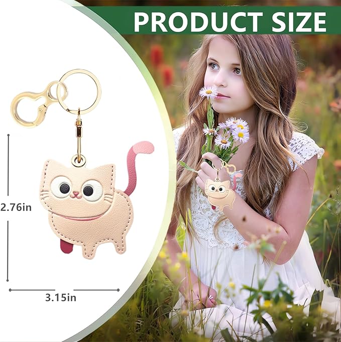 Leather Keychain Holder Case Compatible with AirTag,Cute Protective Cover with Keyring,Anti-Scratch Finder GPS Tracker Case for Wallet Keys,Bag,Pets(Cat C)