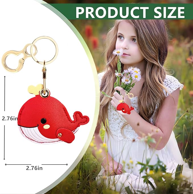 Leather Keychain Holder Case Compatible with AirTag,Cute Protective Cover with Keyring,Anti-Scratch Finder GPS Tracker Case for Wallet Keys,Bag,Pets(Whale Red)