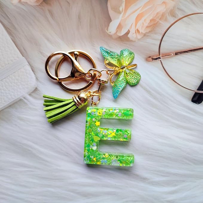 Cute Initial Letter Keychains for Women Girls Tassel Butterfly Pink Purple Green Keychain for Backpack School Bag