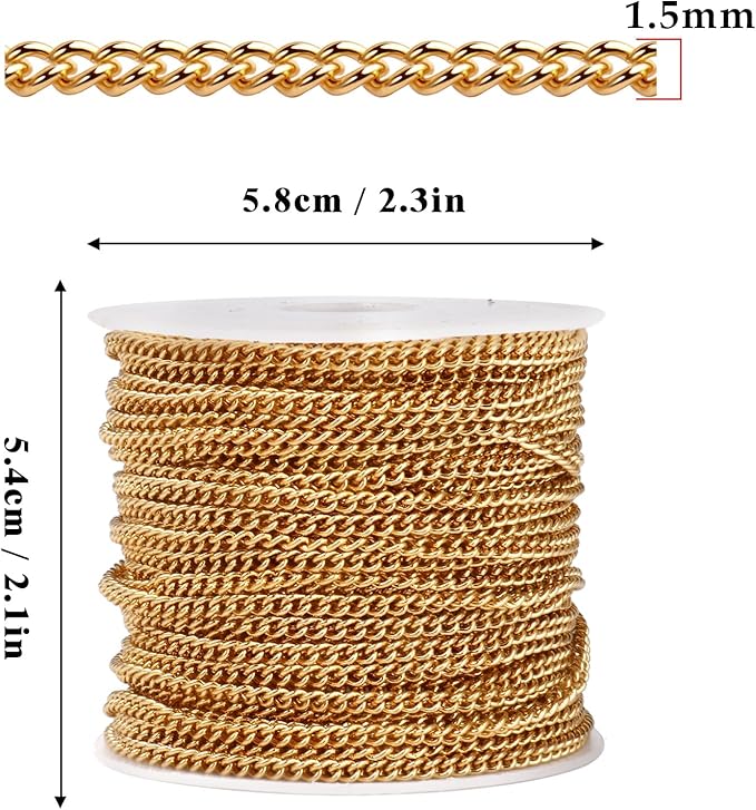 33 Feet 18K Gold PVD Plated Stainless Steel Curb Chain Bulk, 1.5mm 304 Stainless Steel Twisted Link Chains Roll Spool for Jewelry Making Necklace DIY Craft
