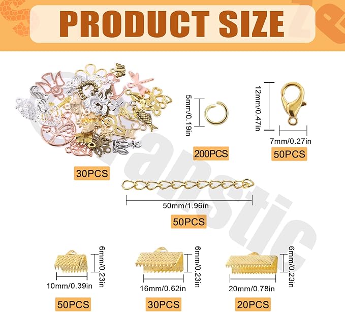 Tanstic 430Pcs Gold Ribbon Ends Fastener Clasps Kit, Bookmark Pinch Crimp Ends with Open Jump Rings, Lobster Claw Clasps, Chain Extenders and Pendant Charms for DIY Crafts
