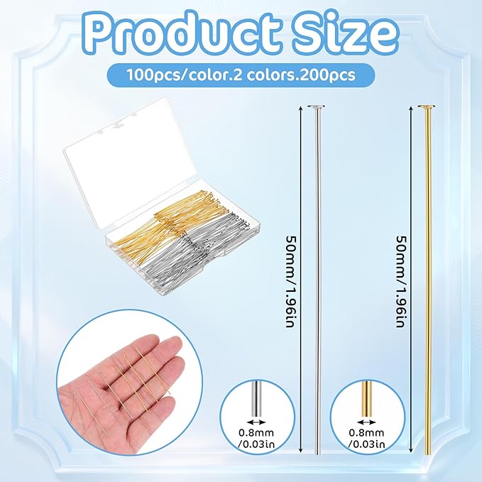 200 PCS Flat Head Pins, Stainless Steel Eye Pins 2 Inch Jewelry Making Pinflat Headpins Jewelrys Findings Eye Pin for DIY Craft Earring Bracelet Necklace Pendant(Silver Gold