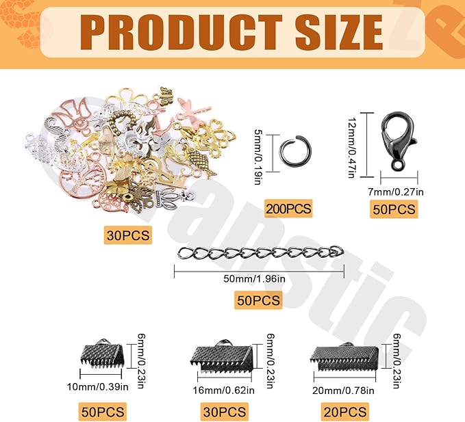 Tanstic 430Pcs Black Ribbon Ends Fastener Clasps Kit, Bookmark Pinch Crimp Ends with Open Jump Rings, Lobster Claw Clasps, Chain Extenders and Pendant Charms for DIY Crafts