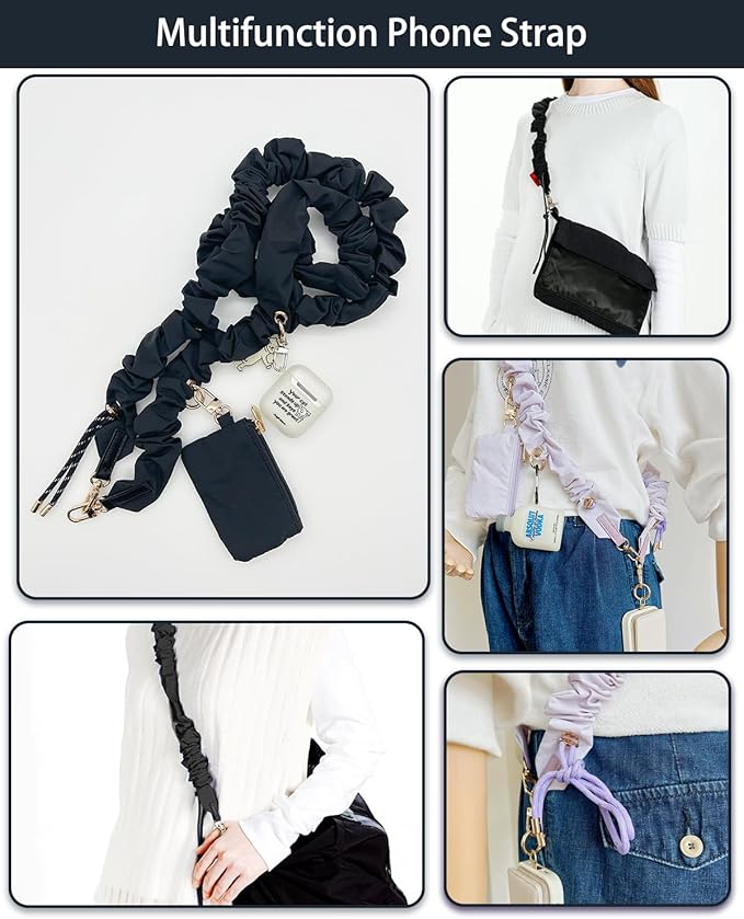 Phone Lanyard Crossbody with Hanging Loops, Clip and Go Strap for Phone with Zipper Wallet, Adjustable Elastic Phone Strap