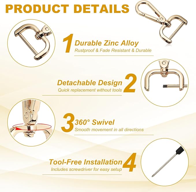 YELARXI Swivel Clasps Hook, 1 Inch ID Detachable Snap Hook W/Screw Bar D Ring Claw Clasp with Screwdriver Fit for Lanyard Bag Leather Craft Purse Hardware DIY Bag (4 Pack, Light Gold)