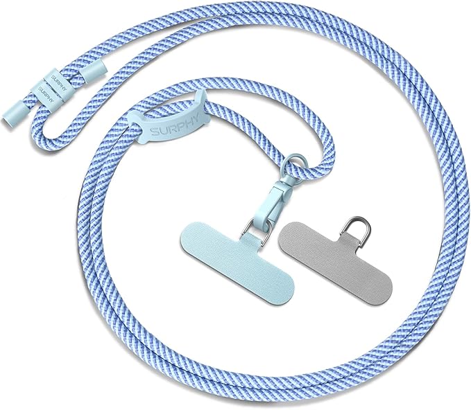SURPHY Phone Lanyard, Adjustable Phone Strap Crossbody with 2 Pack Phone Tether Tab, Premium Metal Buckles and Two-Color Braided Cell Phone Lanyard Crossbody for Women and Men, Deep & Light Blue