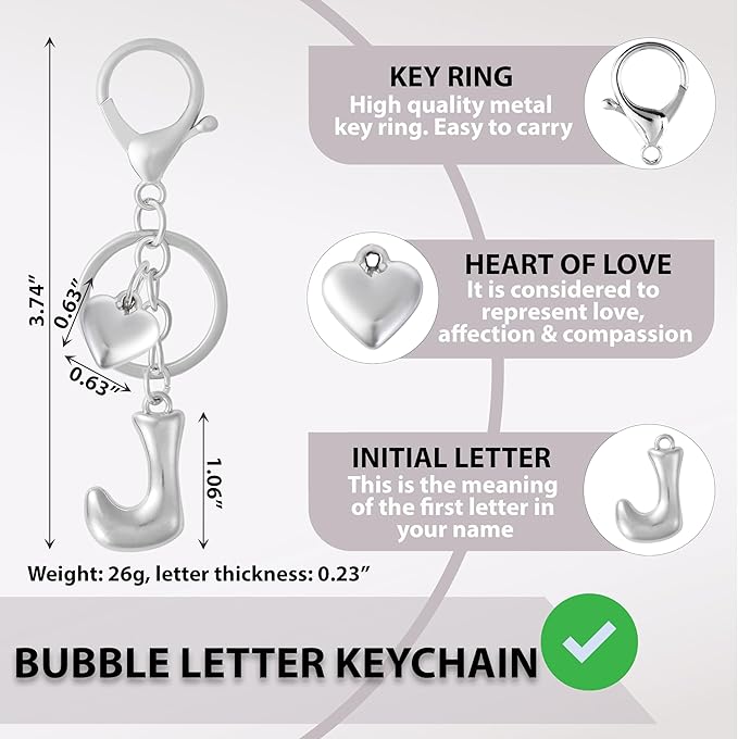 Heart Bubble Letter Keychain for Women, Girls - Cute Keychain with Initial - Alphabet Keychain for Bag Charm, Handbag