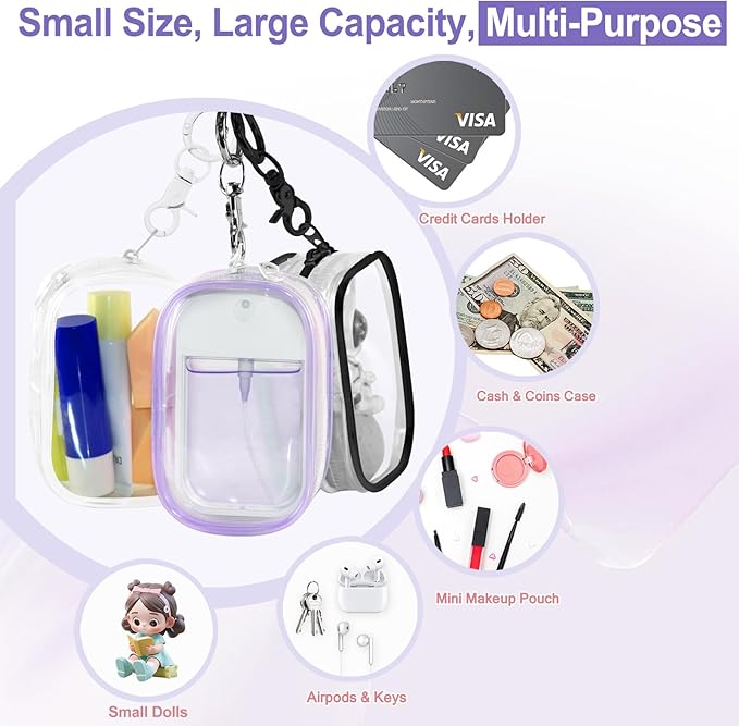 Hand Sanitizer Spray Clear Case for 1FL OZ/30ml, 3 Pack Hand Sanitizer Holder Zippered Pouch, Mini Clear Makeup Bag, Figures Display Bag, with Keychain Snap Hook (Black & White & Purple)