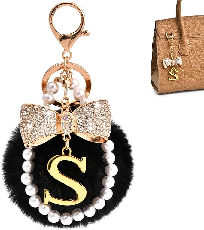 Gold Initial Keychain with Rhinestone Bow & Black Pom Pom, Cute Letter Bag Charm for Women Purse and Car Keys