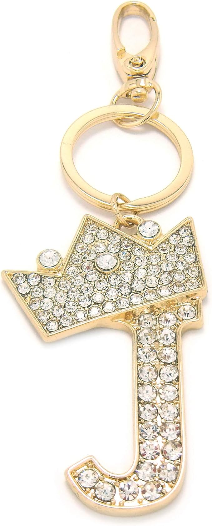 CBC Crown Crystal Rhinestone Letter Initial Keychain, Gold Metal, Bag Charm with Key Ring Approx. 2.17" x 2.56"