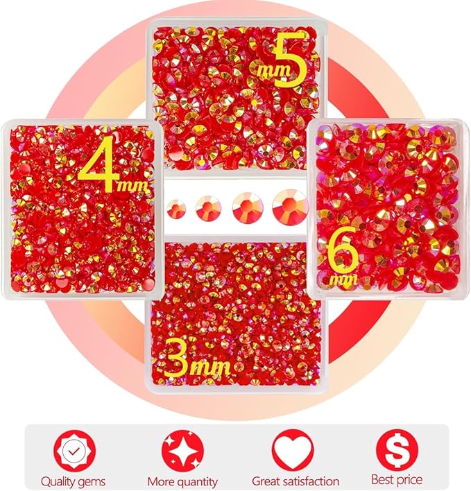 Red AB Resin Rhinestones w B7000 Jewelry Glue for Bedazzling Crafting 3mm 4mm 5mm 6mm Flatback Jelly Stones Bulk SS10 SS16 SS20 SS30 Diamonds Gems for Nails Face Eyes Makeup Tumblers Crafts