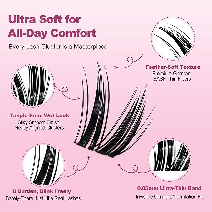 Dramatic Volume Lash Clusters Kit, 0.05mm Thin Band 8-18mm C Curl, DIY Lash Extension with Bond/Seal/Remover/Tweezer, Waterproof Reusable, FayJoo BOLDEE 11 Kit