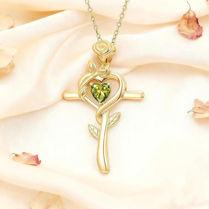 Midari 18K Yellow Gold Cross Pendant Rose Birthstone Necklaces for Women Christian Cross Jewelry with 12 Months Birthstone Birthday Gifts for Wife Her Daughter Mom
