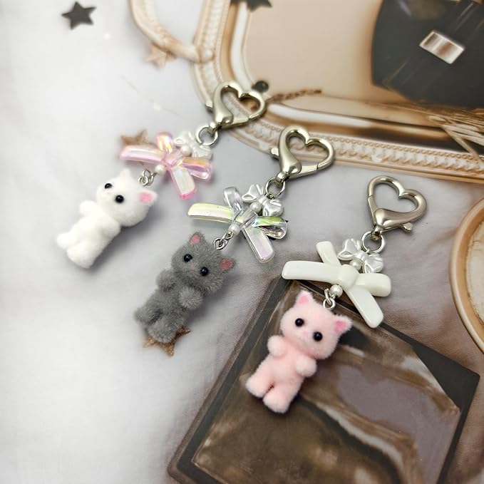 Cute Cat Keychain, Y2K Heart Bow Pendant, Kawaii Cat Bag Charm