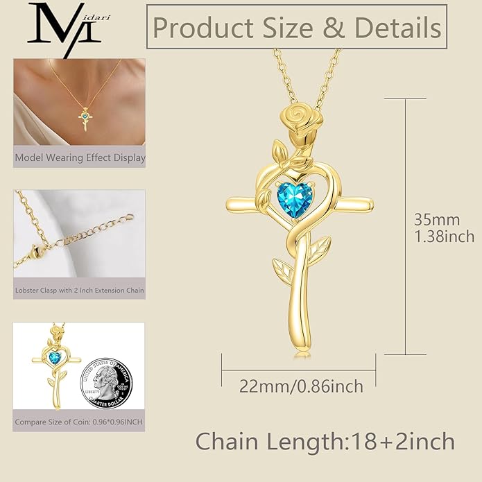 Midari 18K Yellow Gold Cross Pendant Rose Birthstone Necklaces for Women Christian Cross Jewelry with 12 Months Birthstone Birthday Gifts for Wife Her Daughter Mom