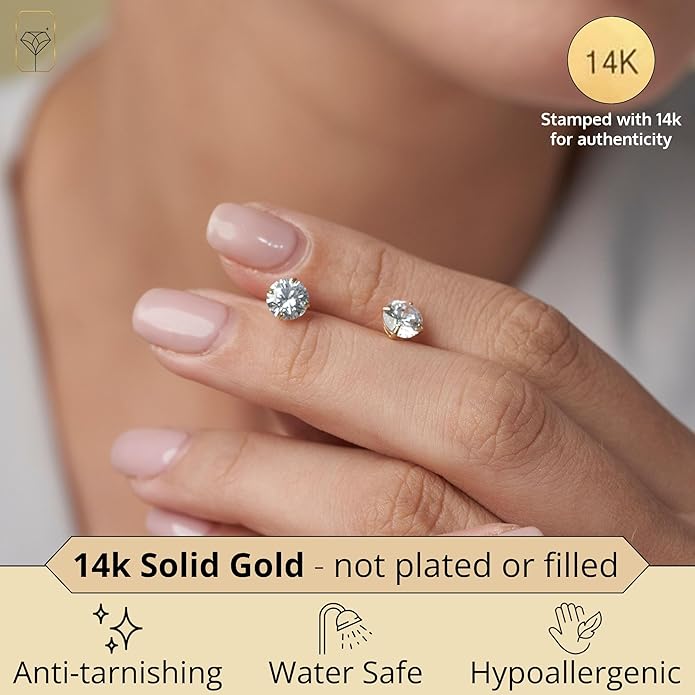 14k Gold Solitaire Round Cubic Zirconia Earrings Studs for Women & Men | Anti Tarnishing CZ Stud Earrings with 14k Gold Butterfly Pushbacks | 4MM-7.5MM by MAX + STONE
