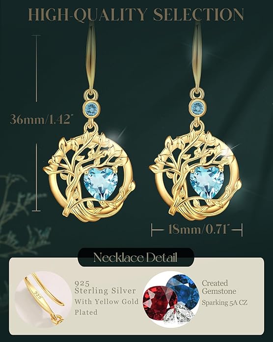 FANCIME Tree of Life Dangle Drop Earrings 925 Sterling Silver Dainty Round Gemstone Birthstone Earring Fine Jewelry Birthday Christmas Gifts for Her Women