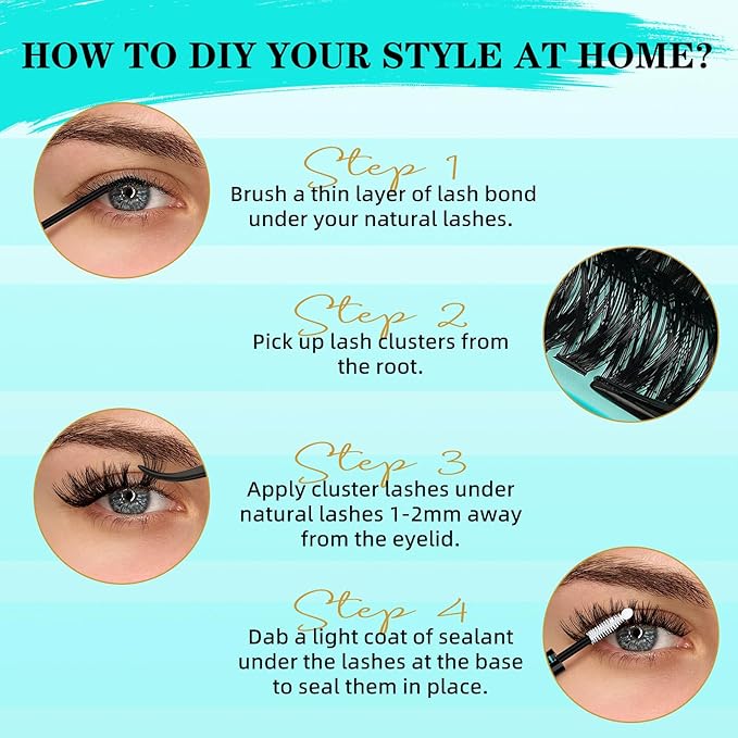 Lash Clusters Kit 240PCS Eyelash Extension Kit D Curl Wispy Clusters Lash DIY Lashes Extensions Kit Natural Individual Lashes Kit with Lash Bond and Seal Eyelash Tweezer(60D,D-Mix9-16mm)