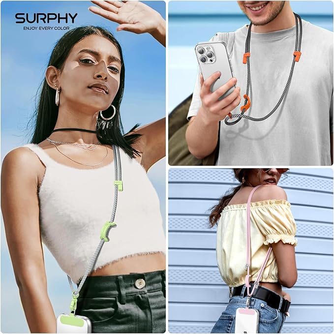SURPHY Phone Lanyard, Adjustable Phone Strap Crossbody with 2 Pack Cell Phone Tether Tab, Premium Metal Buckles and Two-Color Braided Cell Phone Lanyard Crossbody for Women and Men, Black & Grey
