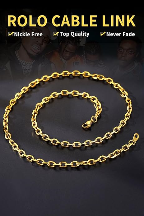 ChainsHouse Stainless Steel Cable Chain Necklaces for Men Women, 3mm/5mm/7mm/9mm/12mm 18K Gold/Black Plated Mens Cable Link Chains, 18"-30" Length - Send Gift Box
