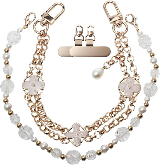Pearl Beaded Phone Charm Wrist Strap,Cute Bracelet Wristlet Lanyard,Gold Double Chain for Phone Case,Purse Bag Wallet