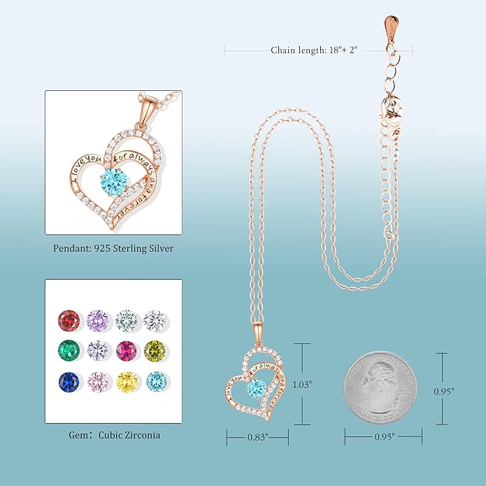 LynChoe Birthday Gifts Double Heart Birthstone Necklace for Women, S925 Sterling Silver Pendant Necklace Jewelry for Her Mother Mom Wife Girlfriend
