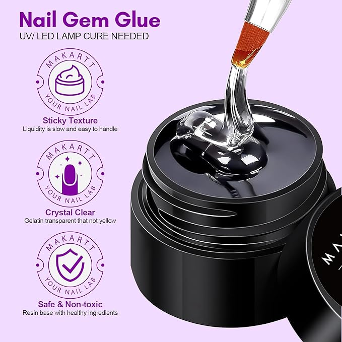 Makartt Rhinestone Glue for Nails, 15ml Clear Nail Gem Adhesive with Brush Kit for 3D DIY Decorations, Super Strong Bling Gel for Jewelry Diamonds