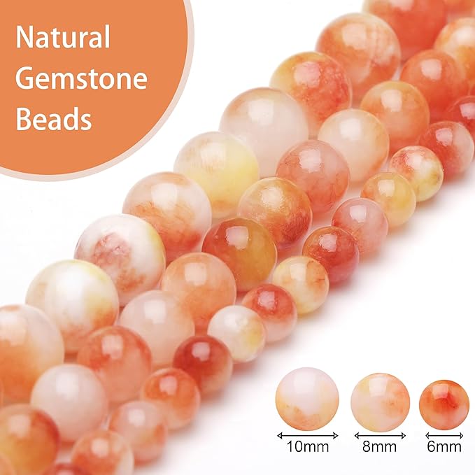Natural Stone Beads for Jewelry Making,8mm Orange Jade Polished Smooth Round Gemstone Beads for Bracelet Necklace 15 Inch