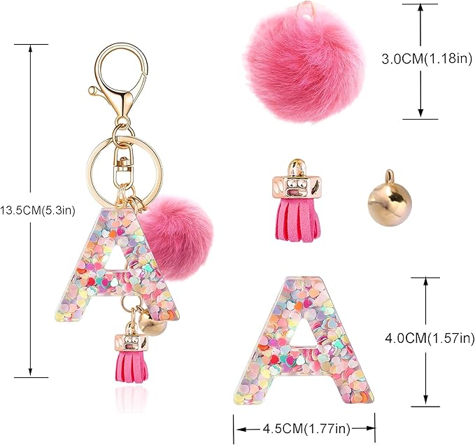 Resin Alphabet Initial Letter Keychain Keyring for Women Purse Handbags With Fur Ball Pom