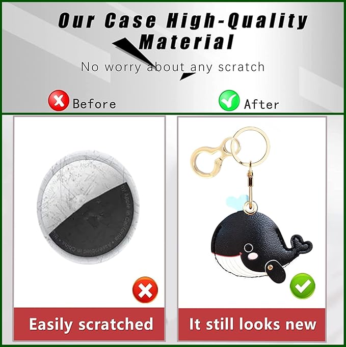 Leather Keychain Holder Case Compatible with AirTag,Cute Protective Cover with Keyring,Anti-Scratch Finder GPS Tracker Case for Wallet Keys,Bag,Pets(Whale Black)
