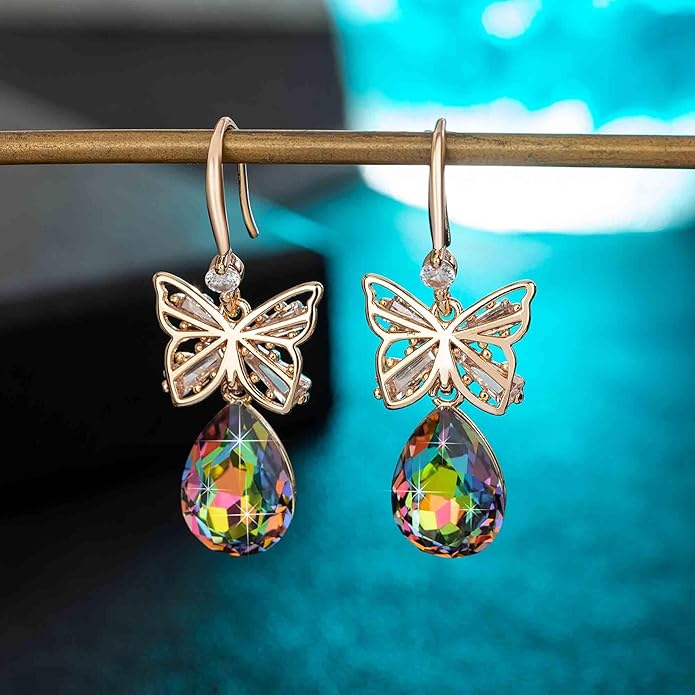 Austrian Crystal Teardrop Butterfly Drop Dangle Earrings for Women 14K Rose Gold Plated Hypoallergenic Jewelry
