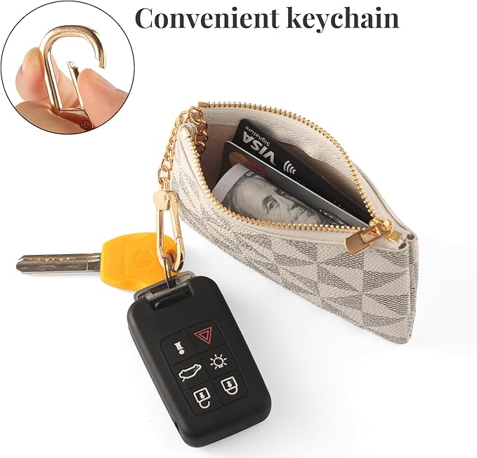 Leather Coin Purse for Women with KeyChain Small Zipper Change Purse coin Pouch Card Holder Wallet Clutch for Women & Men (White)