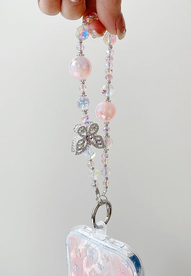 Crystal Butterfly Phone Charm, Pink Pearl Beaded Lanyard, Bling Shiny Wrist Strap Keychain for Purse Bags Car keys Earphones
