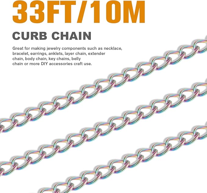 33FT Colorful Stainless Steel Curb Chains Roll, 2.5mm 304 Stainless Steel Multi Color Flat Twisted Links Curb Chains Bulk Spool for Jewelry Making DIY Craft