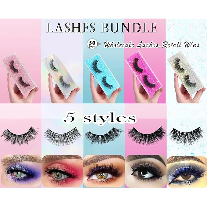 Wholesale Faux Mink Lashes 50 Pair Natural Look Fluffy Eyelashes Soft Lashes Bulk 5 Styles Volume Lashes with Individual Package
