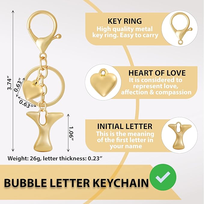 Heart Bubble Letter Keychain for Women, Girls - Cute Keychain with Initial - Alphabet Keychain for Bag Charm, Handbag